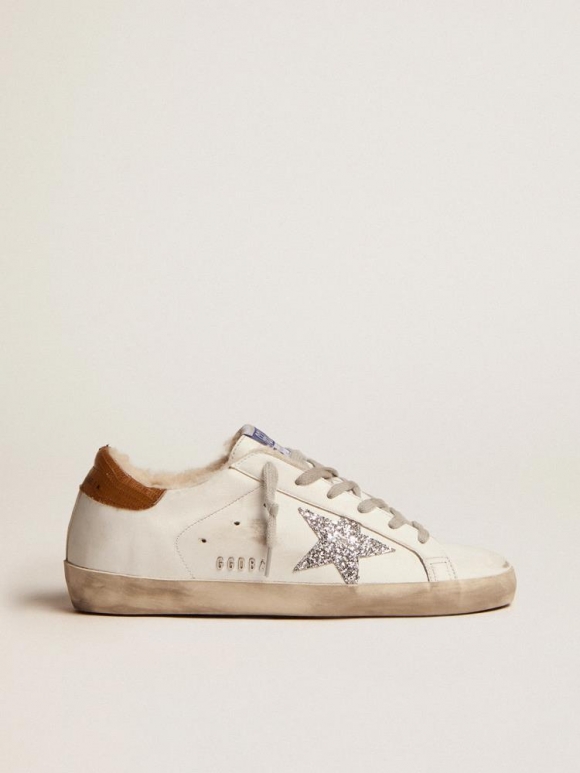 Super-Star sneakers with shearling lining, silver glitter star and lizard-print dove-gray leather heel tab