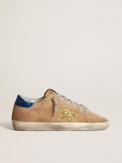 Super-Star sneakers in beige suede with gold glitter star and light blue laminated leather heel tab