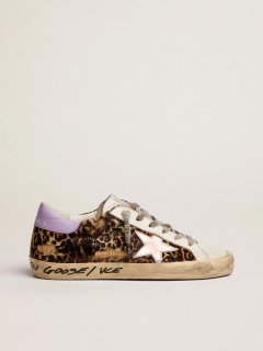 Super-Star LTD sneakers in leopard-print pony skin with salmon-colored laminated leather star and purple leather heel tab