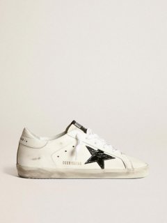 Super-Star sneakers in white leather with dark green crocodile-print leather star