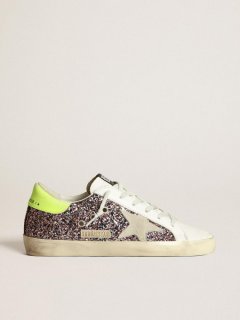 Super-Star sneakers in gray and pink glitter with ice-gray suede star and fluorescent yellow leather heel tab