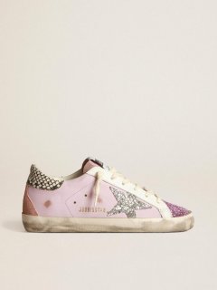 Super-Star sneakers in pink leather with silver glitter star and snake-print leather heel tab