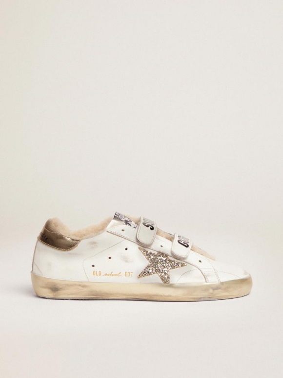 Old School sneakers in white leather with platinum-colored glitter star and shearling lining