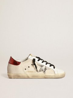 Super-Star LTD sneakers in natural-white canvas with gray snake-print leather star and burgundy laminated leather heel tab
