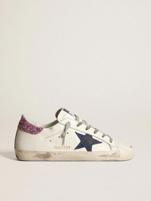 White Super-Star sneakers with blue star and glittery heel tab