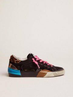 Super-Star LAB sneakers in black suede with multi-foxing and leopard-print pony skin heel tab