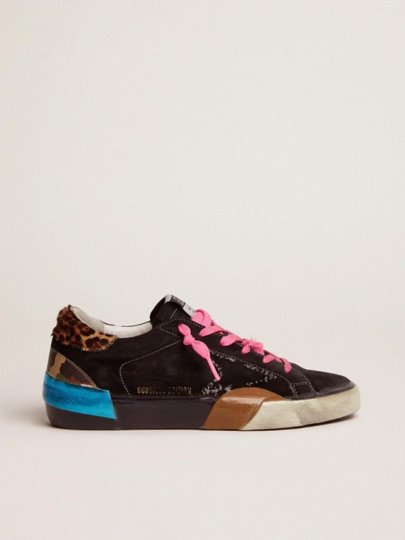 Super-Star LAB sneakers in black suede with multi-foxing and leopard-print pony skin heel tab