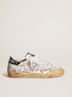 Women??s Super-Star Penstar sneakers in white leather with all-over multicolored lettering