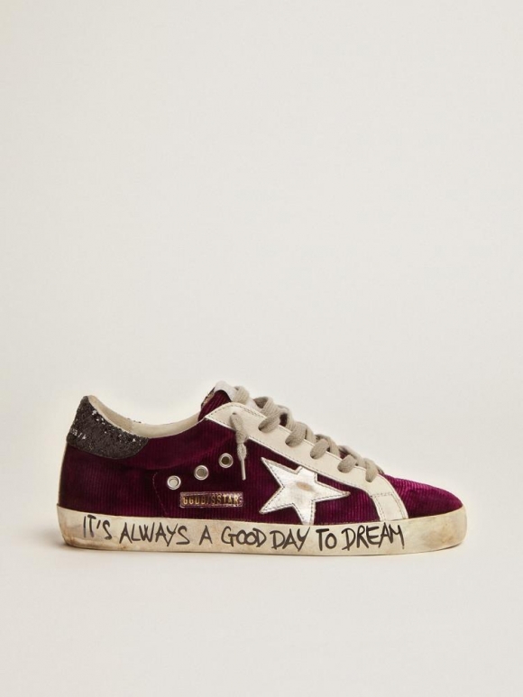 Super-Star sneakers in raspberry-red velvet and black glitter heel tab