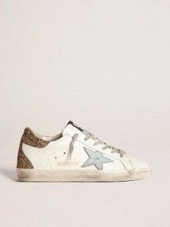 Super-Star sneakers with light blue leather star and gold glitter crocodile-print heel tab